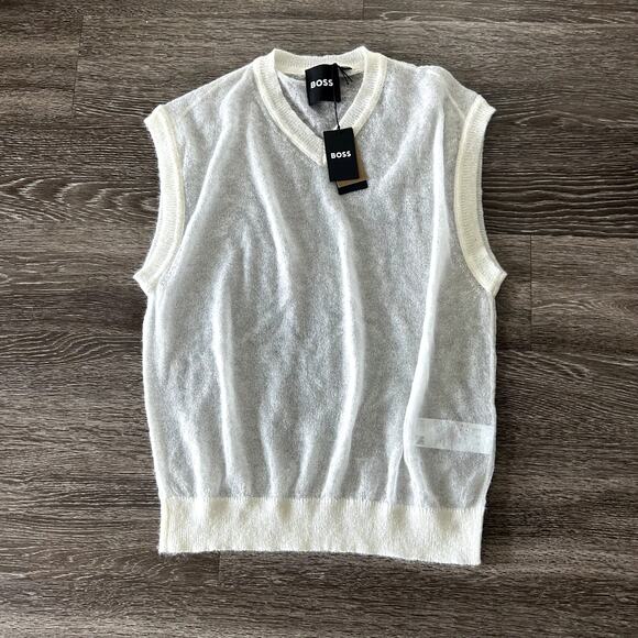 NWT BOSS Lucid White Mohair-Wool V-Neck Sweater Vest Size Medium Sheer Knit - Picture 15 of 16